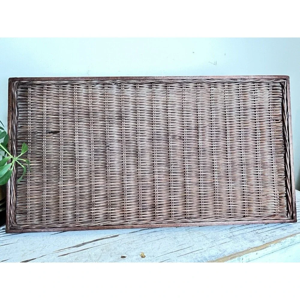 Vintage Deep Brown Rectangular Wicker Rattan And Wooden Serving Breakfast Tray